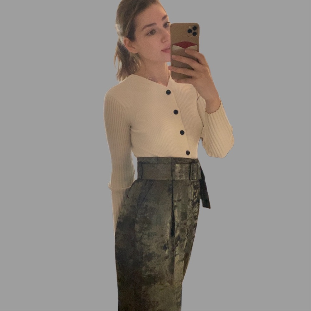 Belted Wide Leg Trouser Gun Metal Green Gold BCBGMAXZARIA size XXS